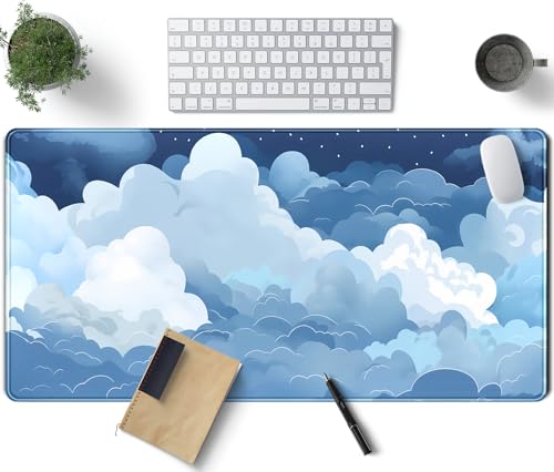 Aesthetic Blue and White Puffy Clouds Desk Mat, XXL Large Kawaii Blue Extended Gaming Mouse Pad with Stitched Edges, Cute Big Laptop Keyboard and Mouse Mat for Women Office Decor Mat 31.5x15.7 in - color: Blue and White Puffy Clouds