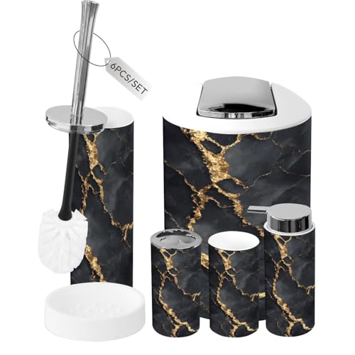 Bathroom Accessory Set 6 Piece Gold Natural Black Marble Gold Russia Trash can, Toothbrush Holder, Toothbrush Cup, Soap Dispenser, Soap Dish, Toilet Brush Holder - color: Color3