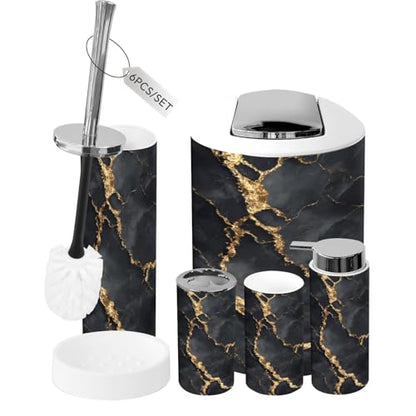 Bathroom Accessory Set 6 Piece Gold Natural Black Marble Gold Russia Trash can, Toothbrush Holder, Toothbrush Cup, Soap Dispenser, Soap Dish, Toilet Brush Holder - color: Color3
