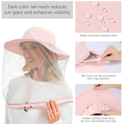 BASSDASH UPF 50+ Mosquito Sun Hat with Hidden Head Net and Neck Flap for Men Women Outdoor Fishing Hiking Camping - color: Pink