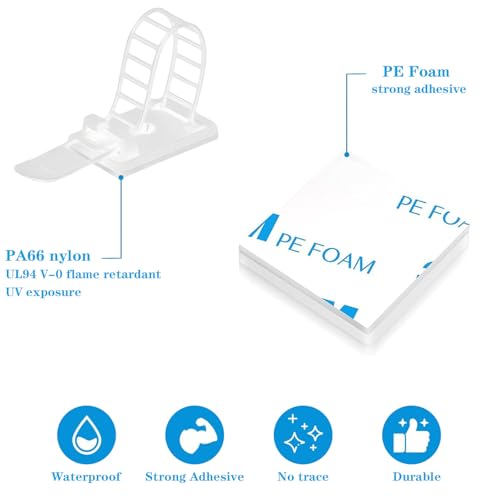 Adjustable Adhesive Cable Management Clips 50Pcs, Large self Adhesive Cable Ties Clips ，Suitable for Cable Management Under desks and on Walls (White) - color: White