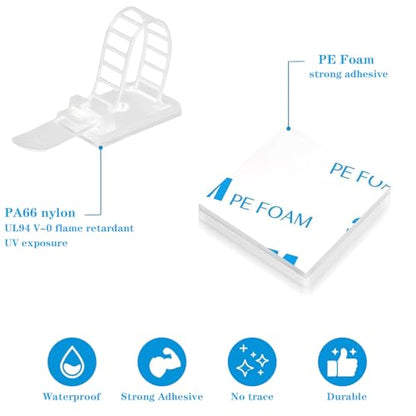Adjustable Adhesive Cable Management Clips 50Pcs, Large self Adhesive Cable Ties Clips ，Suitable for Cable Management Under desks and on Walls (White)