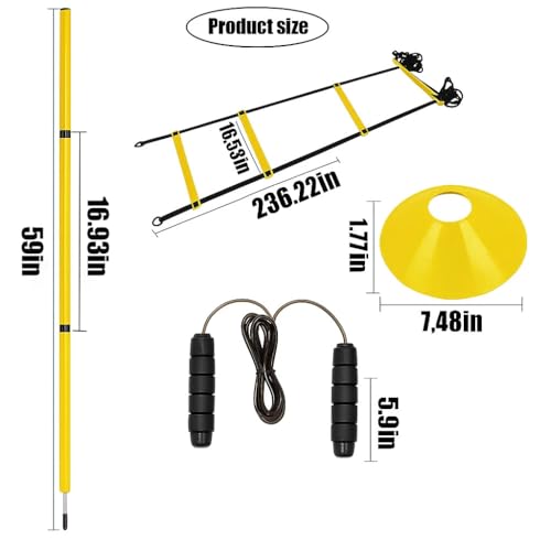 Soccer Agility Training Equipment, 6 Adjustable Soccer Training Agility Poles, 1 Speed Agility Ladder,10 Soccer Agility Cones for Training, 1 Jump Rope + Storage Bag for Youth Soccer Drills