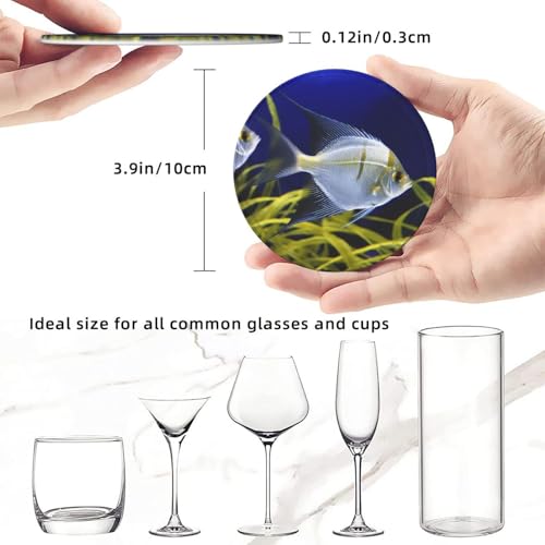 Cup Coaster Set for Home Decor Tabletop Protection Cup Mat PadRound Coasters for Drinks Set of 6 PU Leather Aquarium AngelfishCoasters with Holder 4" Drink Coasters for Coffee Table