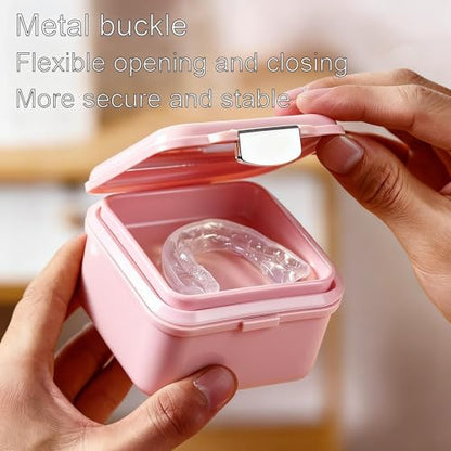 Denture Case Kit, Retainer Cleaning Case False Teeth, Retainer Cleaning Denture Bath Cup with Mirror Use in Denture Bridges, Denture Soaking Container, Traditional Braces for Travel （Pink） - color: pink