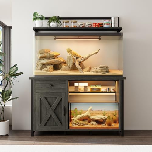 Reptile Tank Stand with Power Outlet, Terrarium Stand with Storage Cabinet, 49" X 20" Tabletop, Aquarium Stand with LED Lights, Reptile Terrarium,Turtle Tank (Gray) - color: Gray