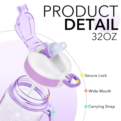 Hyeta Plastic Water Bottle With Straw & Time Marker, 32oz Leakproof Jug - color: Clear Wisteria
