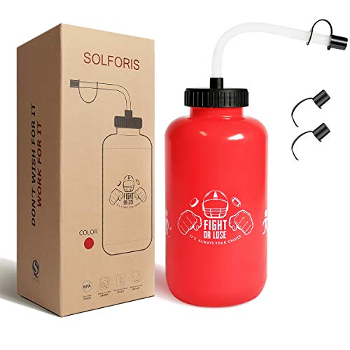Hockey Water Bottles with Long Straw, Fit for Football Lacrosse Gym Sport, Plastic Squeezable Leakproof BPA Free, No Strange Smell, Easy to Clean, 1 Liter 32 oz (3 Straw Caps) (red) - color: red