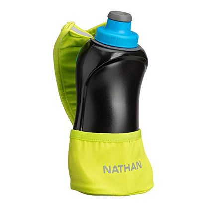 Nathan Running Handheld Water Bottle Adjustable No-Grip Quick Squeeze Lite Hand Strap. Reflective Hydration - color: Finish Lime / Blue Me Away, style: 18oz