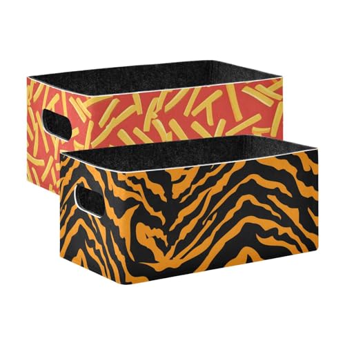 Storage Baskets Felt Foldable Storage Cube Shelf Bins Organizer Box for Kids Toys Office Bedroom Closet Babies Nursery 2-Pack French Fry Art Tiger Print