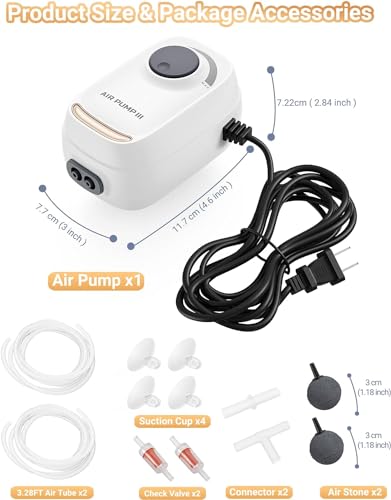 3W/6W Aquarium Air Pump, Adjustable Aquarium Aerator with 2-Outlet, Super-Powerful & Quiet Oxygen Pump for Fish Tanks up to 100/200 Gallon with Full Accessories.(Upgrade Noise-Reduce) - style: 3W/AR-10 NEW