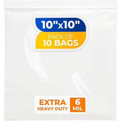 10" x 10" Reclosable Plastic Zip Bags, Pack of 10, 6 Mil Heavy-Duty Clear Poly Bags, Resealable for Food, Clothes, Hardware, Jewelry - size: 10"W x 10"H