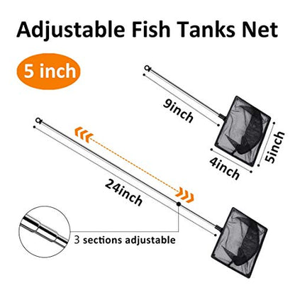 Aquarium Fish Net, 5 Inch Fine Mesh Fish Tank with Extendable 9-24 inch Long Handle
