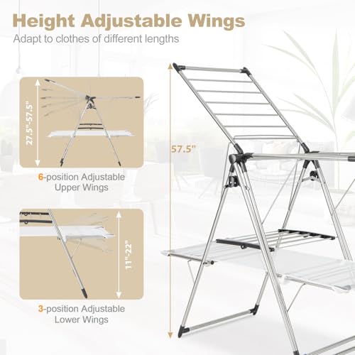 Tangkula Freestanding Foldable Clothes Drying Rack | Tall Hanging Bar & Height Adjustable Gullwing | Stainless Steel | No Assembly |Space-Saving | for Laundry Room Balcony Patio - size: 54" x 25" x 72"