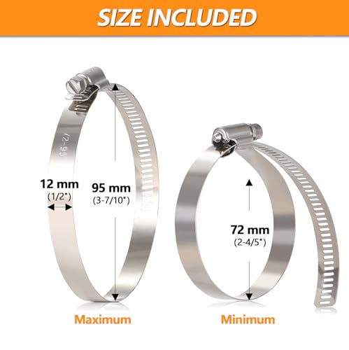 12Pack 3 inch Hose Clamp, Adjustable 304 Stainless Steel Duct Clamps Hose Clamp from 2-4/5"-3-7/10"/72-95mm, Metal Worm Drive Gear Duct Clamp for Air Ducting, Dryer Vent Hose, Fuel Line, Plumbing - size: 3 inch (2-4/5"—3-7/10"72-95mm)