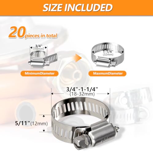 20 Pack Worm Gear Hose Clamp, Adjustable from 3/4 Inch to 1-1/4 Inch (18-32mm) Stainless Steel Fuel Line Hose Clamps, Metal Fuel Line Hose Clamps for Automotive Plumbing And Mechanical Application - size: 3/4"-1-1/4"(18-32mm)