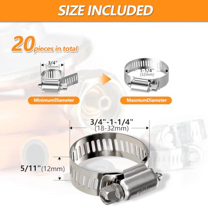 20 Pack Worm Gear Hose Clamp, Adjustable from 3/4 Inch to 1-1/4 Inch (18-32mm) Stainless Steel Fuel Line Hose Clamps, Metal Fuel Line Hose Clamps for Automotive Plumbing And Mechanical Application - size: 3/4"-1-1/4"(18-32mm)