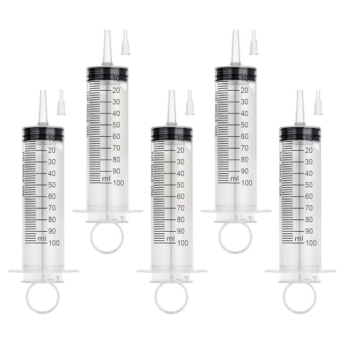100ml Large Syringe, Plastic Syringes for Liquid with Tip Adapter, Epoxy Syringe for Scientific Labs, Oil Transfer, Plant Watering & Refilling, Individual Sealed, 5 Pack - style: 100 ML