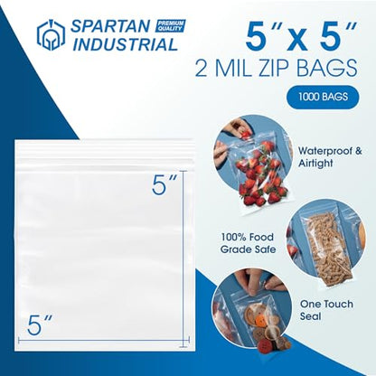 Spartan Industrial - 5” X 5” (1000 Count) 2 Mil Clear Reclosable Zip Plastic Poly Bags with Resealable Lock Seal Zipper