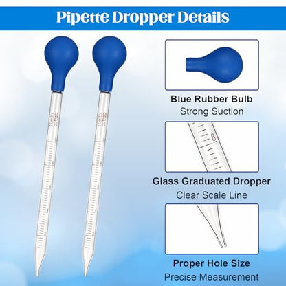 3Pcs Glass Pipettes Dropper, 10ml Graduated Liquid Dropper with Rubber Bulb for Laboratory, Medicine, School, Food, Research