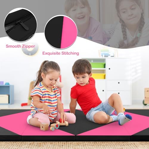 Giantex 4'x8' Gymnastics Mat, 2" Thick Folding Tumbling Mat with Carrying Handles, Foldable Gym Mat with Hook and Loop Fastener, Cheer Mats for Kids Adults Home Exercise Aerobics Fitness - color: Black/Pink