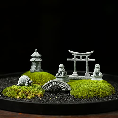 6 PCS Mini Zen Garden Accessories, Miniature Garden Bridge Foo Dogs Torii Gate Sandstone Figurines Meditation Zen Decor Japanese Fish Tank Terrarium Bonsai Decorations (Art Deco)