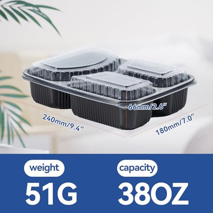 3-Compartment To Go Containers - Shrink-Wrapped No Pre-Wash 38oz | 40 Pack Ready to Use Leak-Resistant | BPA Free Shatterproof Flexible PP | Microwave Safe, Bulk Catering & Leftover Storage - size: 40 oz