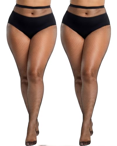 2 Pairs Plus Size Black Fishnet Stockings for Women High Waist Fishnet Tights