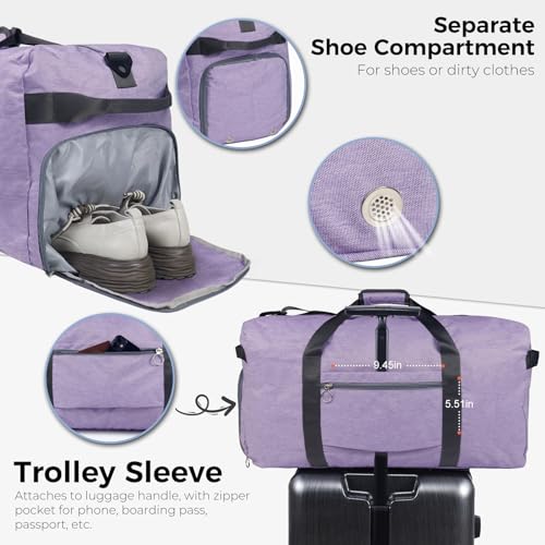 Fmeida 65L Duffle Bag Foldable Travel Duffel Bags for Men Women Travel Bag - color: Textured Purple