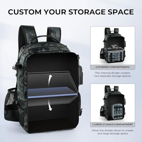 KastKing BaitSpace Fishing Tackle Backpack with Removable Bait Binder,2 Rod Holders Storage Fishing Gear and Equipment - color: B: Black Camo (With (4) 3600 Tackle Boxes)