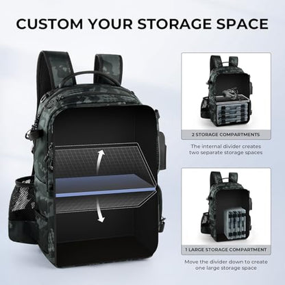 KastKing BaitSpace Fishing Tackle Backpack with Removable Bait Binder,2 Rod Holders Storage Fishing Gear and Equipment - color: B: Black Camo (With (4) 3600 Tackle Boxes)