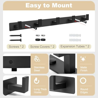 Coat Rack Wall Mount, Metal Coat Hanger with 5 Hooks, Black, 1 Pcs | Heavy Duty, Matte Finish, Includes 5 Long Thick Hooks, for Entryway, Doorway, Bedroom, Bathroom, Living Room, Closet, RV