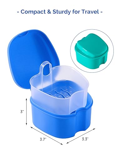 JMU 2 Pcs Denture Bath Case, Denture Cup with Strainer Basket Tray - color: Navy Blue,Teal Blue