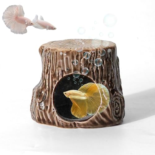 Aquarium Decor Cave Betta Fish Aquarium Accessories Ornaments Hiding Cave Wooden Stake Shape House Hideout for Shrimp Cichlid Hermit Crab, Octopus Hiding Breeding for Tank (Brown) - color: Brown