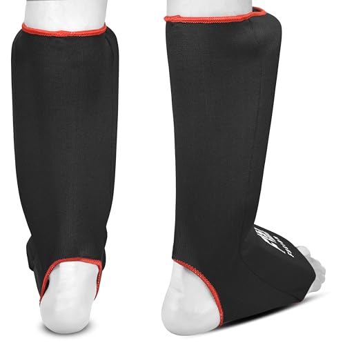Muay Thai Shin in Step, Kickboxing MMA Boxing Training Elasticated Breathable Leg Foot Guard Socks Pair - color: Black, size: Medium