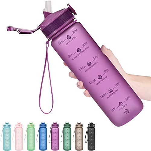Hyeta Plastic Water Bottle With Straw & Time Marker, 32oz Leakproof Jug - color: Lavender