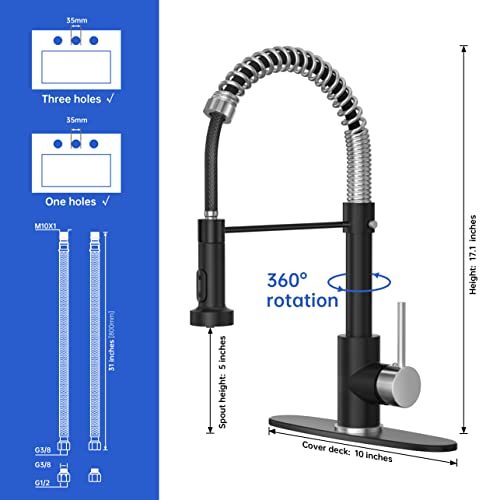 Black Nickel Kitchen Faucet with Pull Down Sprayer, Stainless Steel Spring Commercial Kitchen Sink Faucet with 10-Inch Deck,1 or 3 Hole Installation for Farmhouse, RV Camper, Laundry & Utility Sink