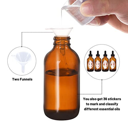 24 Pack 4oz Amber Glass Bottles with Glass Eye Droppers for Essential Oils, Perfumes & Lab Chemicals (Brushes, Funnels, Extra Droppers, Labels & Measuring Cup Included) - color: Amber