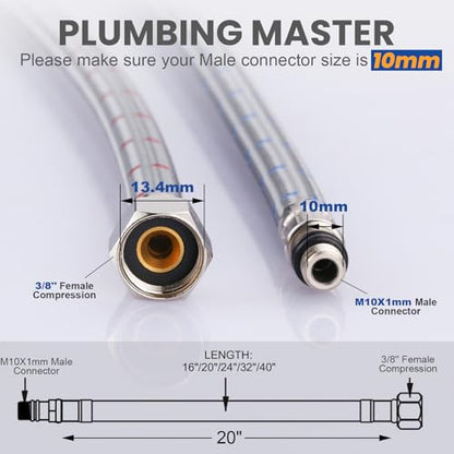 ARCORA 20" Bathroom Faucet Hose, Braided Nylon cUPC Supply Lines 3/8" Female Compression × M10 Male Connector(1 Pair)