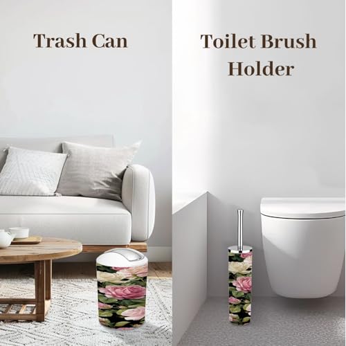 Bathroom Accessory Set 6 Piece Peony Roses Black White Stripes Flowered Trash can, Toothbrush Holder, Toothbrush Cup, Soap Dispenser, Soap Dish, Toilet Brush Holder - color: Color2