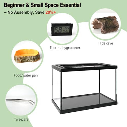 Reptile Glass Tank Starter Kit 16"x11"x11" Full View Reptile Terrarium for Leopard Gecko,Tarantula,Lizards,Spiders, Hermit Crabs,Frogs,Snake and Fish with Tank Accessories and Top Openning Door - size: 16"W x 11"D x 11"H