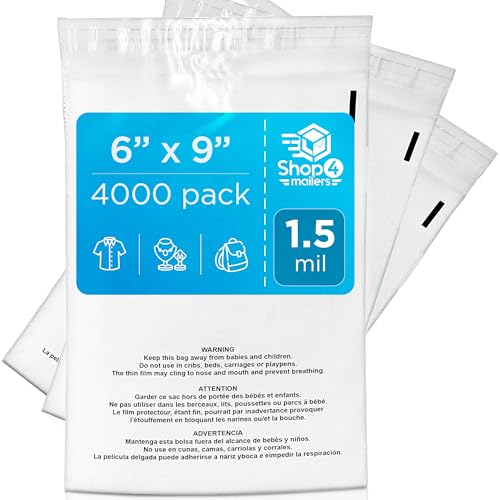 6x9 Clear Poly Bag with Suffocation Warning – Self-Seal Adhesive, 1.5 Mil Clear Bag for FBA, Packaging Bags, Clothes Storage, & Shipping Bags – Resealable Poly Mailers (Pack of 4000)