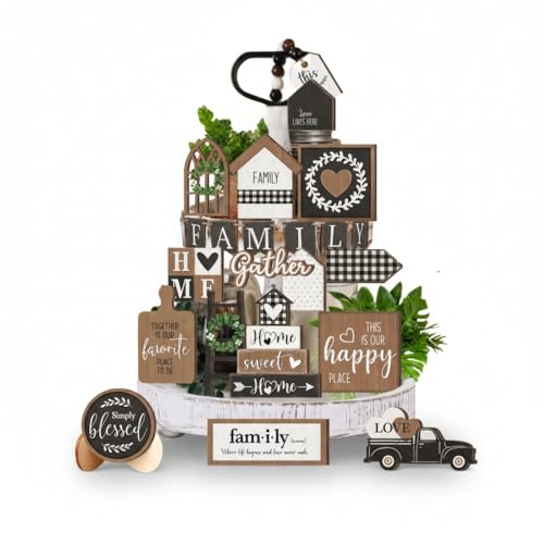 Farmhouse Tiered Tray Decor Set,Rustic Kitchen Decoration for Home,24PCS Wooden Signboards in The Original Wood Color,Table Centerpieces for Dining Room,Coffee Bar,Entryway Table(No Tray) - size: 5.2" x 0.6" x 6.1"