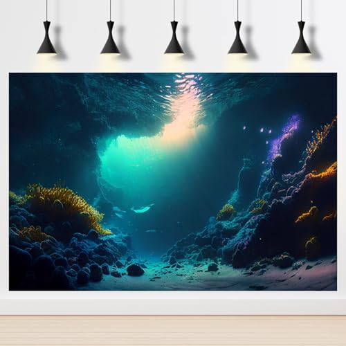 Ocean Floor Fish Tank Background Underwater Stone Aquarium Background Under Water Cave Sunlight Fish Tank Backdrop Decoration Seaweed Aquarium Backdrop Durable Vinyl 24x12in