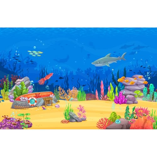 Underwater Cartoon Landscape Aquarium Background Adventurous Sea Scene Shark Sunken Boat Squid Fish Shoal Terrarium Background Deep Blue Sea Marine Life Game Level Fish Tank Backdrop Vinyl 24x16in - color: Cartoon Yellow, size: 24(W)x16(H)in
