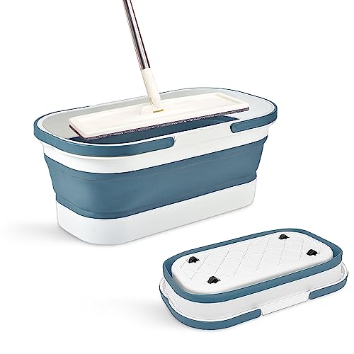 Collapsible Plastic Bucket with Wheels 12L (3.17 Gallon) for House Cleaning, Camping, and RV - Multi-Purpose Rectangular Handy Basket for Cleaning Mop - Lightweight and Portable (Blue) - color: 12l-blue