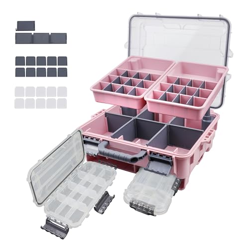 RUNCL Universal Fishing Tackle Box with Two Small Tackle Tray, Removal Inside Design Waterproof Trunk Storage Box, Thicker Floating Airtight Stowaway, Xmas Surprise Fishing Gifts for Men Women - color: Pink