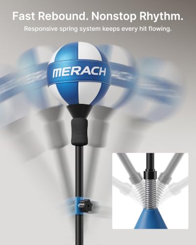 MERACH Punching Bag with Stand, 8 Suction Cups 53-62 Height Adjustable | Stress Relief, Sand Filled Base, Carbon Steel Spring, Fast Rebound, Easy Assembly, Home Gym Boxing Equipment (Blue & White)