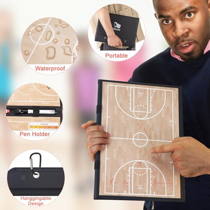 WISYOK Basketball Lineup Board, Magnetic, Foldable | 48 Cards, 2 Markers, Leather Covered, Portable Clipboard for Coaches, Game Strategy and Training - style: Basketball Leather