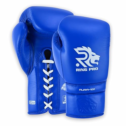 Aura 100 Full Grain Leather Lace Up Boxing Gloves for Men & Women – Professional Training, Sparring, Competition, Muay Thai, Kickboxing & Heavy Bag Gloves - color: Blue, size: 10 OZ
